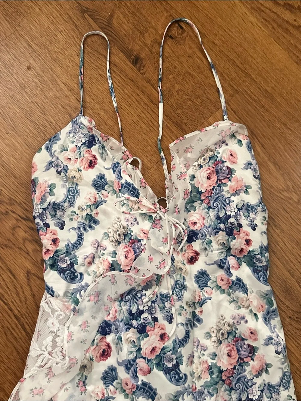 For Love & Lemons Blue Pink Floral Backless Lace Maxi Dress large Joselyn